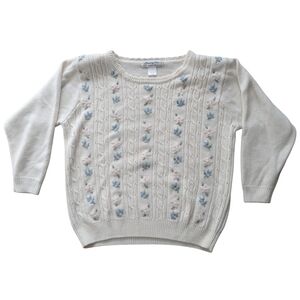 Vintage Barbra Sue Women's White‎ Long Sleeve Knit floral Sweater